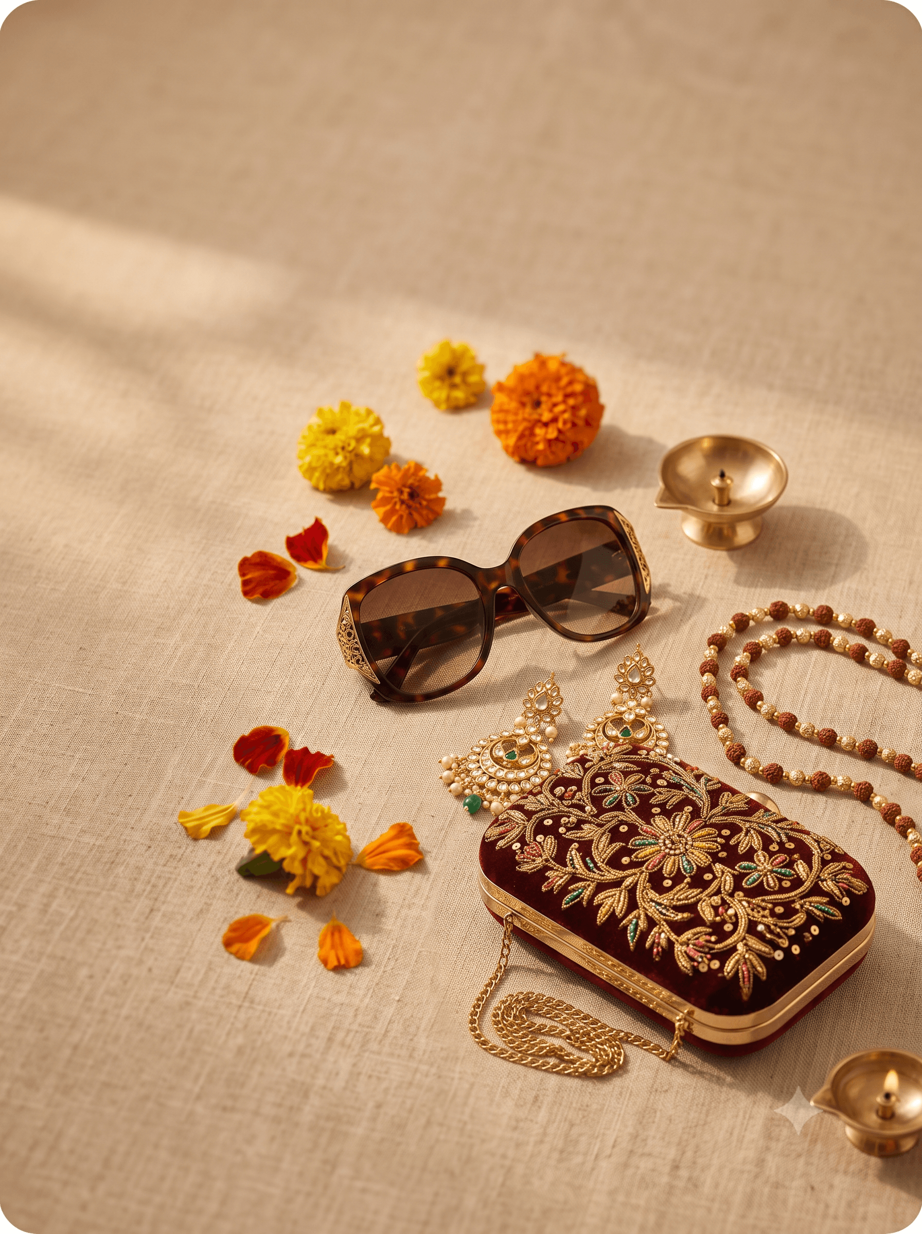 Fashion accessories — sunglasses, belt, hair accessories styled together